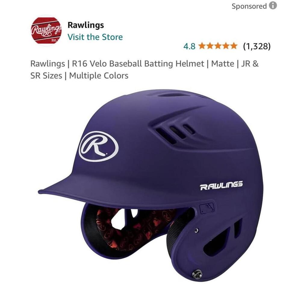 Rawlings JR R16 Velo Baseball Batting Helmet - Matte Purple